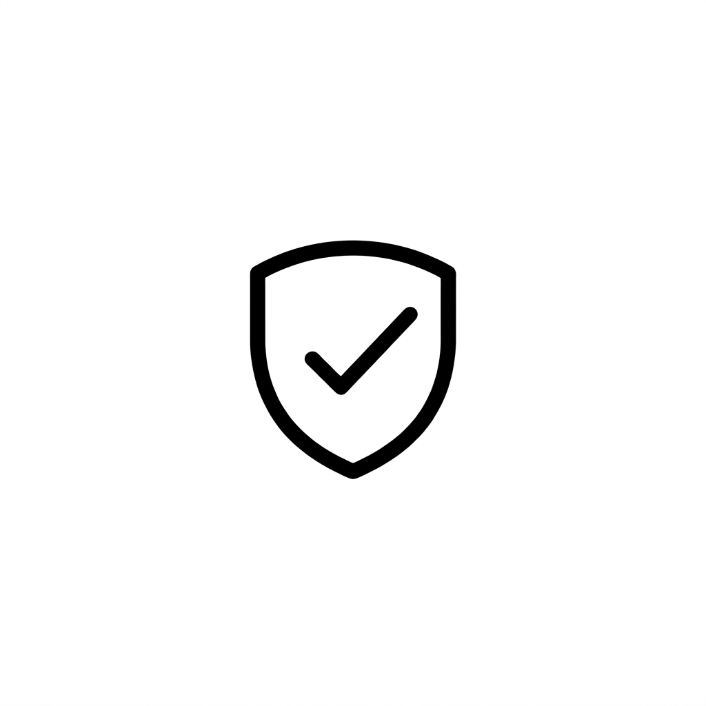 A minimal modern icon on a perfectly white square canvas. Centered: a white circle with a soft, subtle drop shadow around it. Inside the white circle: a simple shield with a checkmark icon drawn with thick black strokes, no fill. Bold consistent stroke width. The background outside the circle is white. Clean, flat, professional design. No gradients, no decorations.