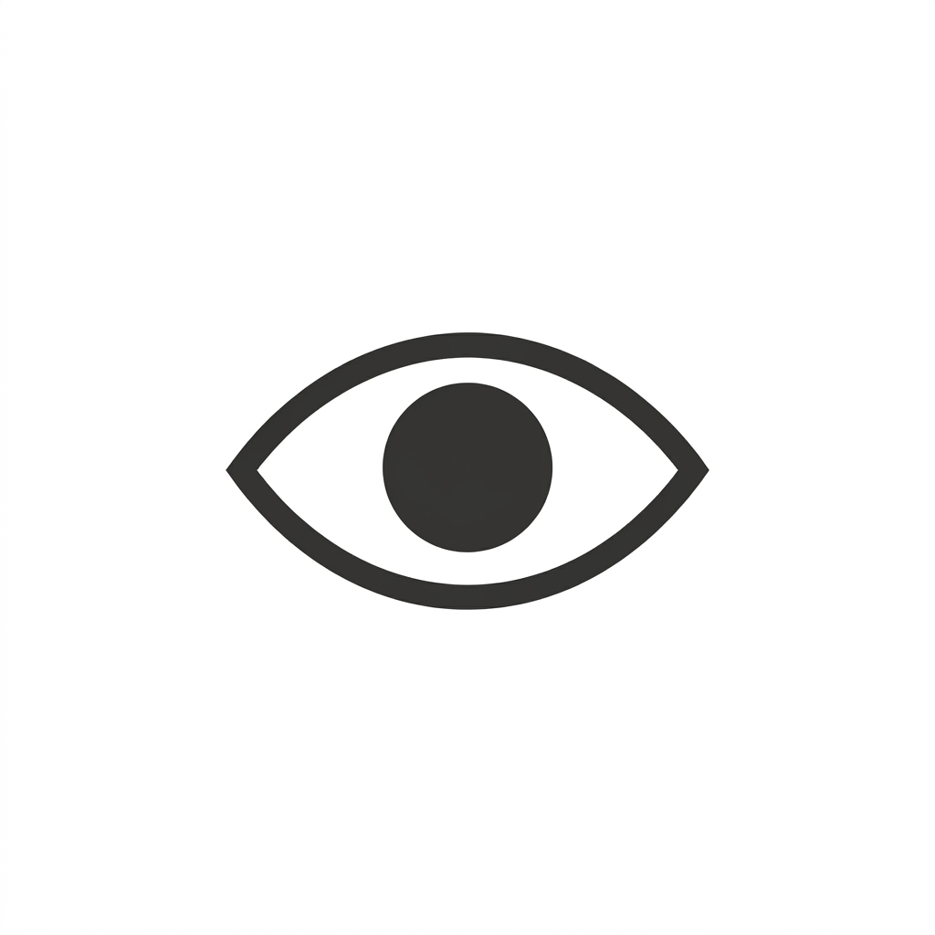 A minimal modern icon on a perfectly white square canvas. Centered: a white circle with a soft, subtle drop shadow around it. Inside the white circle: a simple eye icon drawn with thick black strokes, no fill. Bold consistent stroke width. The background outside the circle is white. Clean, flat, professional design. No gradients, no decorations.