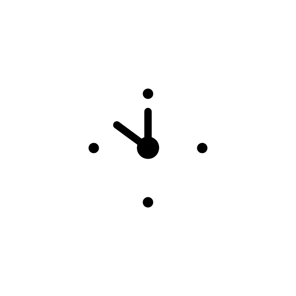A minimal modern icon on a perfectly white square canvas. Centered: a white circle with a soft, subtle drop shadow around it. Inside the white circle: a simple clock icon drawn with thick black strokes, no fill. Bold consistent stroke width. The background outside the circle is white. Clean, flat, professional design. No gradients, no decorations.