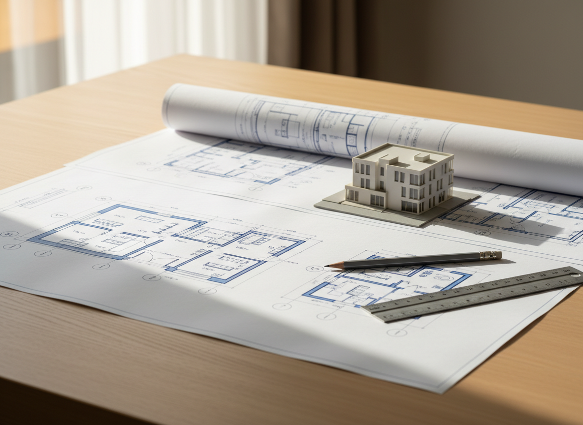 Professionelle, realistische Fotografie von sauber ausgebreiteten Architektur- und Bauplänen auf einem hellen Holztisch, mit Lineal, Bleistift und dezentem Maßstab, modernes Immobilien- und Bauplanungsthema, warmes natürliches Licht, aufgeräumte hochwertige Komposition, keine Menschen und keine lesbaren persönlichen Daten.