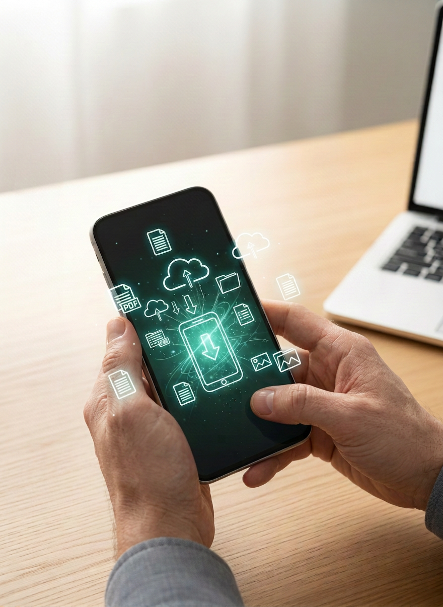 A modern smartphone held in two hands, photographed from above at a slight angle, placed on a light wooden desk with a warm, bright, natural office atmosphere — matching the style of a professional workspace photo with soft daylight. The smartphone screen displays glowing teal/turquoise download icons: cloud, folder, file, and download arrow symbols floating upward from the screen. The icons glow in the same teal color as the left image. Only the hands and the phone are visible in the foreground. The background is a warm light wood desk surface with subtle office elements — similar to a Scandinavian-style office desk. Landscape format. Photorealistic, high quality, professional product/lifestyle photography style.