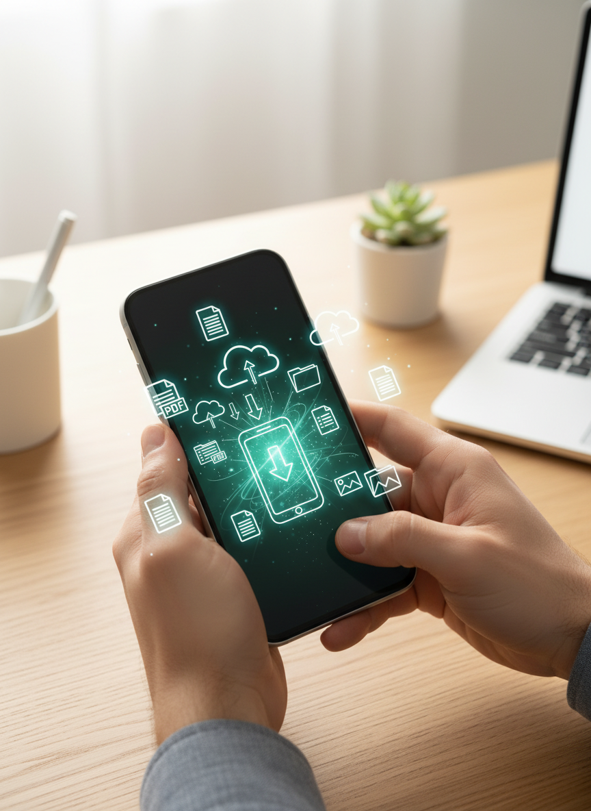A modern smartphone held in two hands, photographed from above at a slight angle, placed on a light wooden desk with a warm, bright, natural office atmosphere — matching the style of a professional workspace photo with soft daylight. The smartphone screen displays glowing teal/turquoise download icons: cloud, folder, file, and download arrow symbols floating upward from the screen. The icons glow in the same teal color as the left image. Only the hands and the phone are visible in the foreground. The background is a warm light wood desk surface with subtle office elements — similar to a Scandinavian-style office desk. Landscape format. Photorealistic, high quality, professional product/lifestyle photography style.