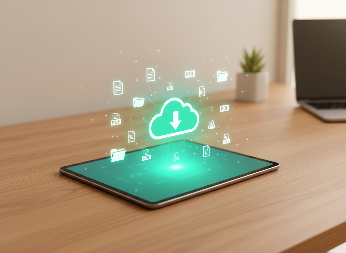 Landscape format, photorealistic image. A modern slim tablet computer lying flat on a warm light wooden desk, photographed from a slightly elevated angle. The tablet screen glows with bright teal-green (same color as #00e5a0) download icons: a large cloud with downward arrow in the center, surrounded by floating document/file icons, PDF icons, folder icons, all glowing with vivid teal-green light radiating outward. Soft warm light from a nearby window. Background shows a blurred light-colored wall, a small green succulent plant in a white pot, and a partial view of a laptop — exactly like the background of the phone image. The wooden surface is warm light oak tone. High saturation teal-green glow matching the phone image exactly. Professional photography, sharp detail, no people, no hands.