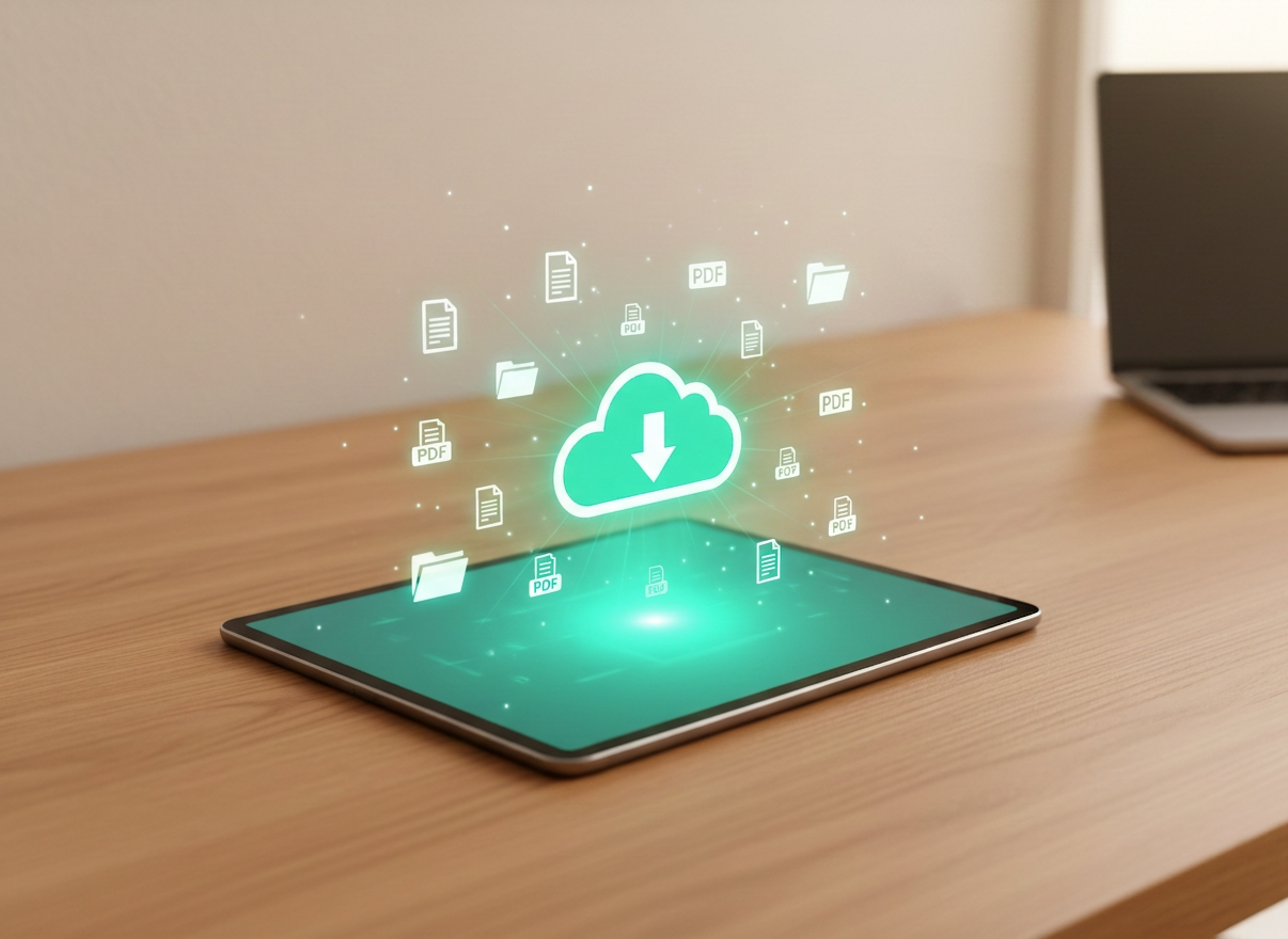 Landscape format, photorealistic image. A modern slim tablet computer lying flat on a warm light wooden desk, photographed from a slightly elevated angle. The tablet screen glows with bright teal-green (same color as #00e5a0) download icons: a large cloud with downward arrow in the center, surrounded by floating document/file icons, PDF icons, folder icons, all glowing with vivid teal-green light radiating outward. Soft warm light from a nearby window. Background shows a blurred light-colored wall, a small green succulent plant in a white pot, and a partial view of a laptop — exactly like the background of the phone image. The wooden surface is warm light oak tone. High saturation teal-green glow matching the phone image exactly. Professional photography, sharp detail, no people, no hands.
