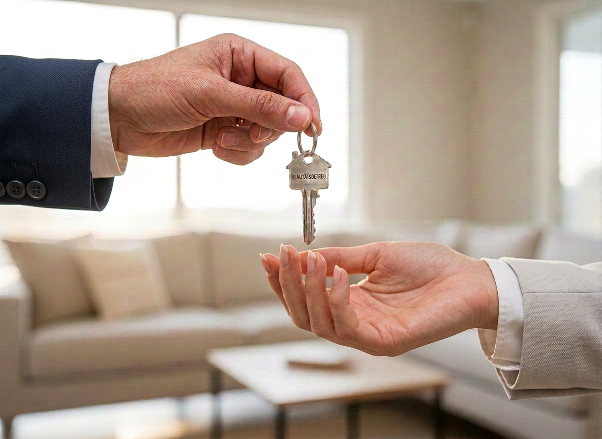 Professional photorealistic close-up image. Two hands exchanging a house key — one hand passing the key, one hand receiving it. Warm natural indoor lighting. Clean professional background, slightly blurred. Real estate handover atmosphere. Sharp focus on the hands and key. No faces visible, just hands.