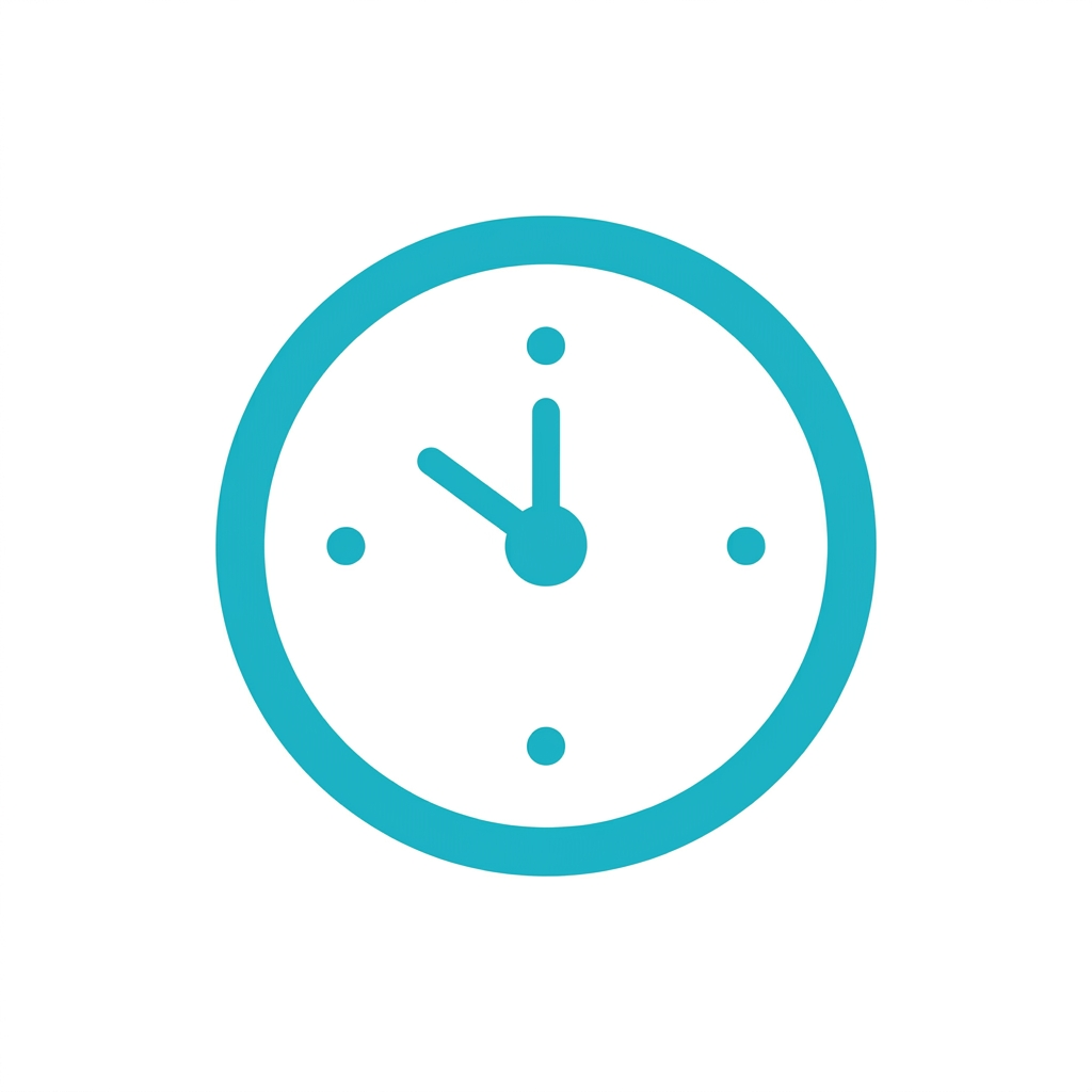 Icon Erfahren A minimal modern icon on a perfectly white square canvas. Centered: a white circle with a soft, subtle drop shadow around it. Inside the white circle: a simple clock icon drawn with thick black strokes, no fill. Bold consistent stroke width. The background outside the circle is white. Clean, flat, professional design. No gradients, no decorations.