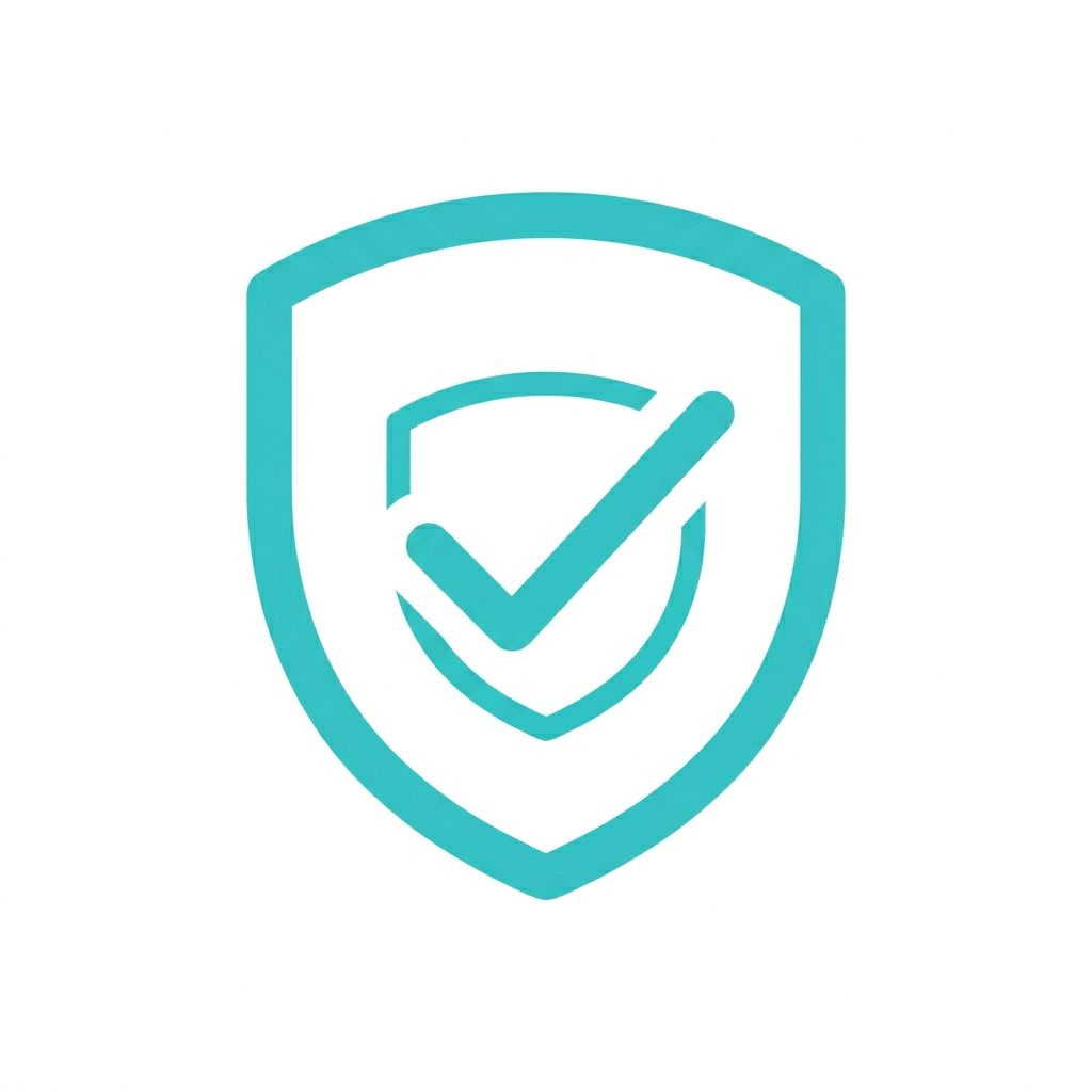 Icon Zuverlässig A minimal modern icon on a perfectly white square canvas. Centered: a white circle with a soft, subtle drop shadow around it. Inside the white circle: a simple shield with a checkmark icon drawn with thick black strokes, no fill. Bold consistent stroke width. The background outside the circle is white. Clean, flat, professional design. No gradients, no decorations.
